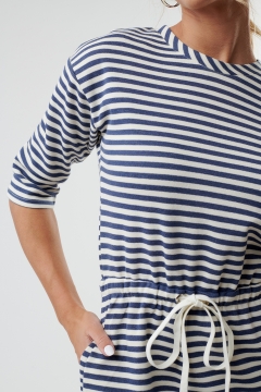 Womens blue and white drawstring waist modest dress